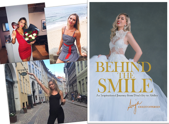 Model Anja Christoffersen posing in a white dress which is the front cover of her book 'Behind the Smile'. 